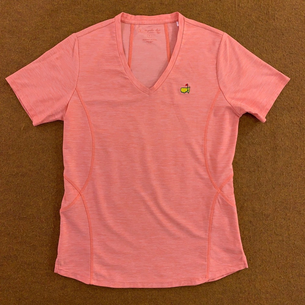 Magnolia Lane Womens S Coral Heathered Masters Logo V-Neck Golf Tech Shirt